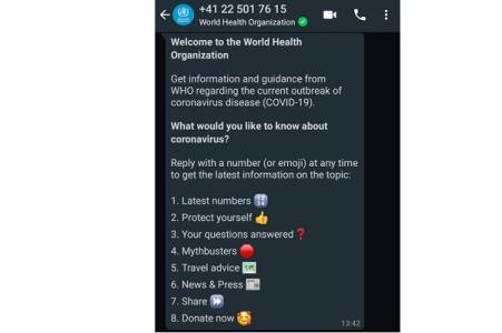 اطلاع رسانی كرونایی سازمان بهداشت جهانی با واتس اپ